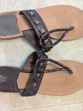 Route 66 Brown Studded Leather Toe-Loop Sandals